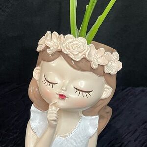 Floral Girl Planter with Brown Hair
